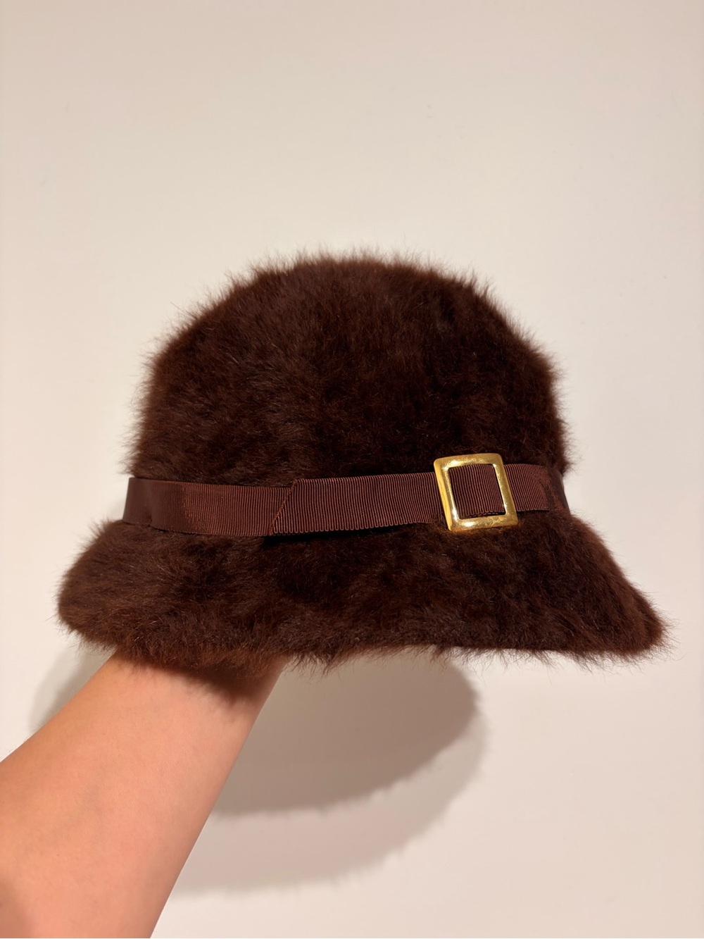 Kangol Design Brown Angora Fur Bucket Hat with Gold Buckle Trim